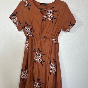 Brown Floral Embroidered Midi Sundress